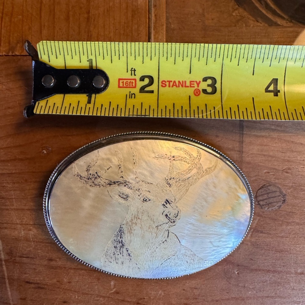Vintage Elk Engraved Belt Buckle | Mother of Pearl Shell | Western Lodge - Picture 2 of 9